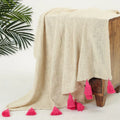 Homadorn 100% Cotton Off White Throw Blanket with Handmade Colorful Tassel Colour Pink