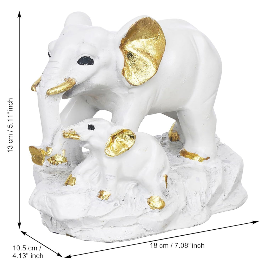 Ecraftindia White Golden Cute Elephant With Baby Elephant Statues Animal Figurines Decorative Showpieces