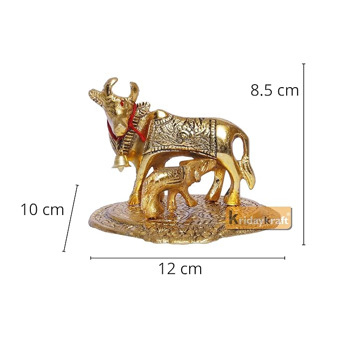KridayKraft Gold Color Kamdhenu Cow With Calf Standing Metal Statue Gau Mata Murti Idol