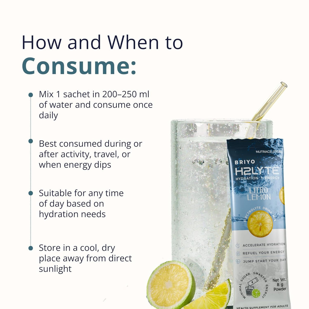 Briyo H2Lyte Low Sugar Electrolyte Drink | Hydration & Energy Booster | Magnesium, Amino Acids & Vitamins B & C | Natural Lemon Flavor