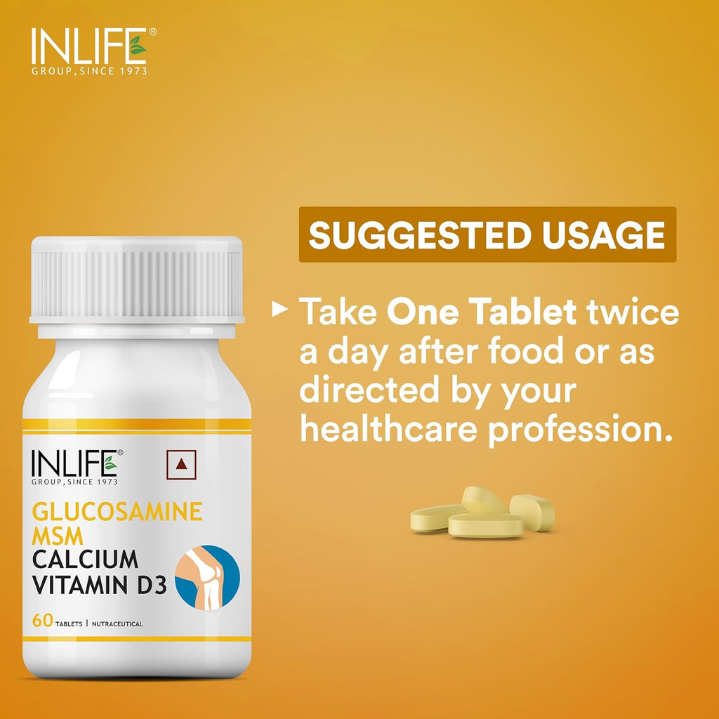 INLIFE Glucosamine Tablets for Joint | With MSM Calcium & Vitamin D3 | Cartilage, Bone Health Supplement - 60 Tablets (Pack of 1, 60)