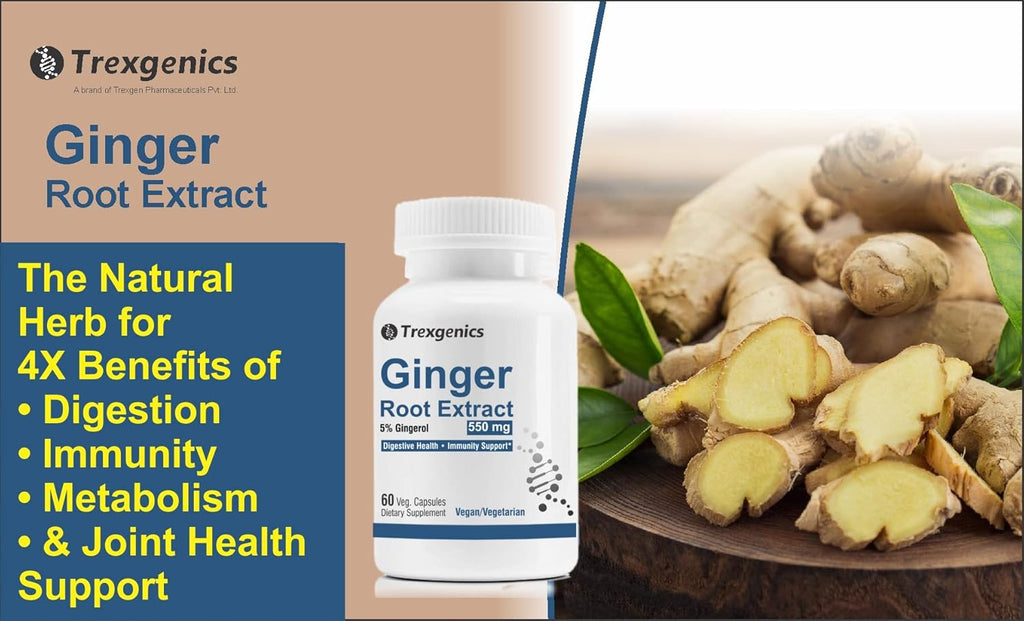 Trexgenics GINGER (Bioactive 5% Gingerol) 550 mg Standardized for Digestive Health, Immunity, Metabolic Profile, Immunity Support (60 Vcaps) (1)