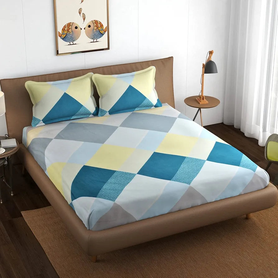 The Home Style Cotton Feel Glace Cotton Elastic Fitted Printed King Size Double Bed Bedsheet With 2 Pillow Cover,300 TC Light Iceberg Blue
