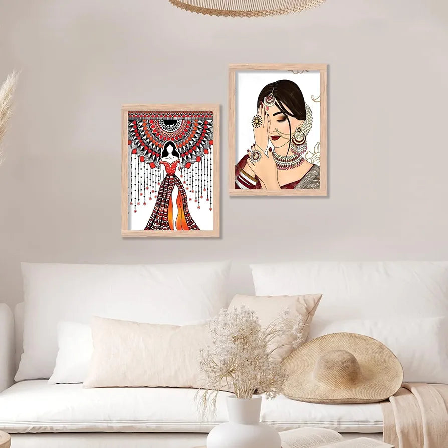 Kotart Indian Woman Digital Painting with Frame for Home Decoration Pack of 2 Design03