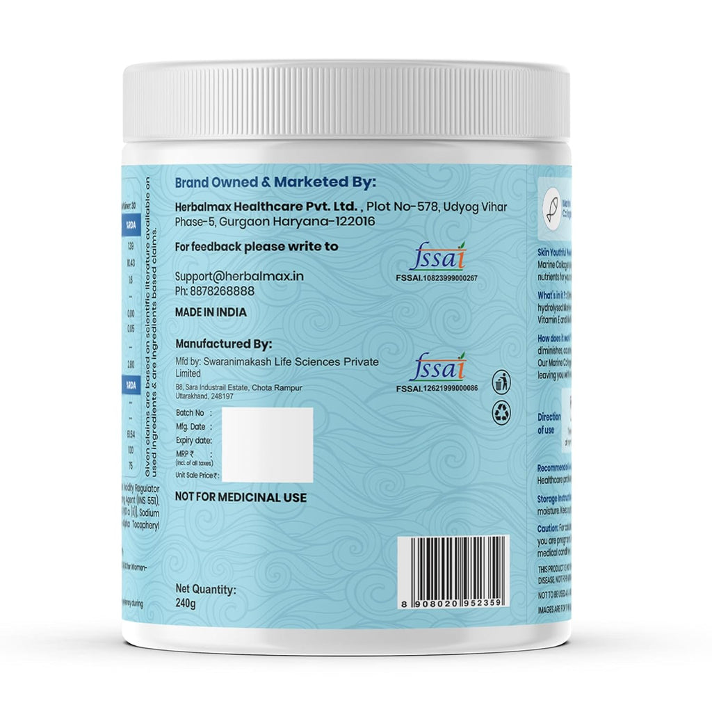 Herbal Max Marine Collagen Powder | Orange Flavour | Type I & III Hydrolyzed Collagen Peptides with Hyaluronic Acid, Vitamin C, Vitamin E & Biotin | Supports Skin, Hair, Nails, Bones & Joints | 240g