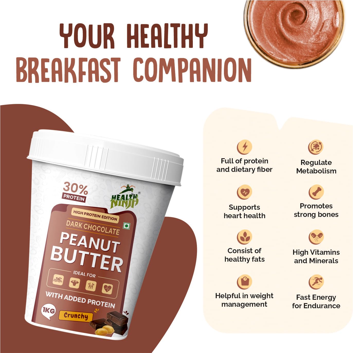 Health Ninja Dark Chocolate Peanut Butter,1kg | High Protein crunchy Peanut Butter Protein Spread for Fitness Lovers (Chocolate)