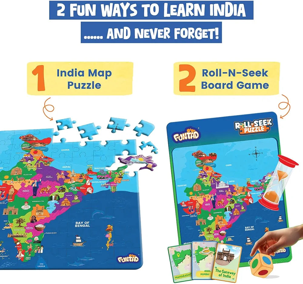 Funtad Roll N Seek India Map Educational Board Game & Puzzle Learn Indian Sate Capital and Interesting Facts State Shaped Puzzle for Boys & Girls Age 6-12 yrs