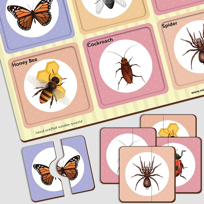 Mini Leaves 2 Piece Puzzle for Kids | Insects Jigsaw Puzzle | Set of 6 Wooden Puzzles for Kids | Educational Toys for Kids