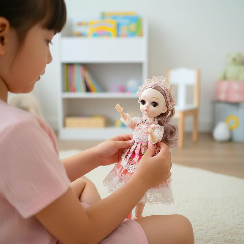 Tickles Movable Joints Cute Beautiful 3D Eyes Fashionable Doll with Frock 30 cm Color Pink & White