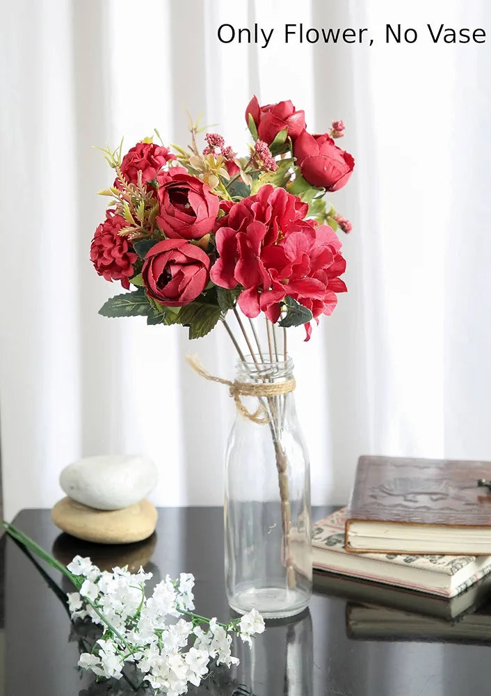 Artificial Head Rose Peony Fake Flowers Sticks Bunch Red