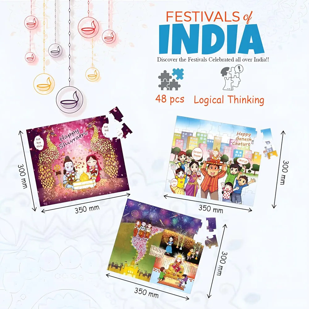 Playqid Festivals of India Puzzle for Toddlers and Children Step-by-Step Jigsaw 17 Growing Puzzles with Flashcards Educational Montessori Gifts for Kids