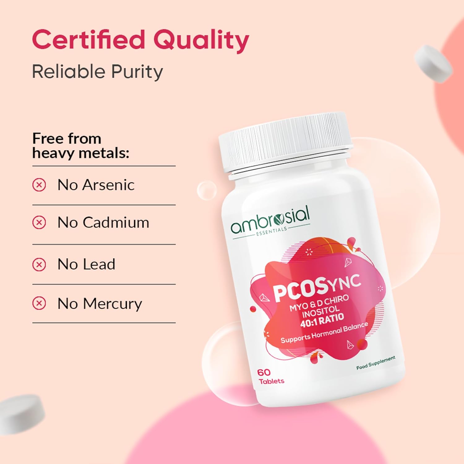 Ambrosial PCOS Supplement for Women | 40:1 Myo Inositol 2000mg & D Chiro Inositol 50mg | With Berberis, Folate, Chromium, Zinc, B6, B12, Vitamin D2 | Hormonal & Metabolic Support | 60 Tablets