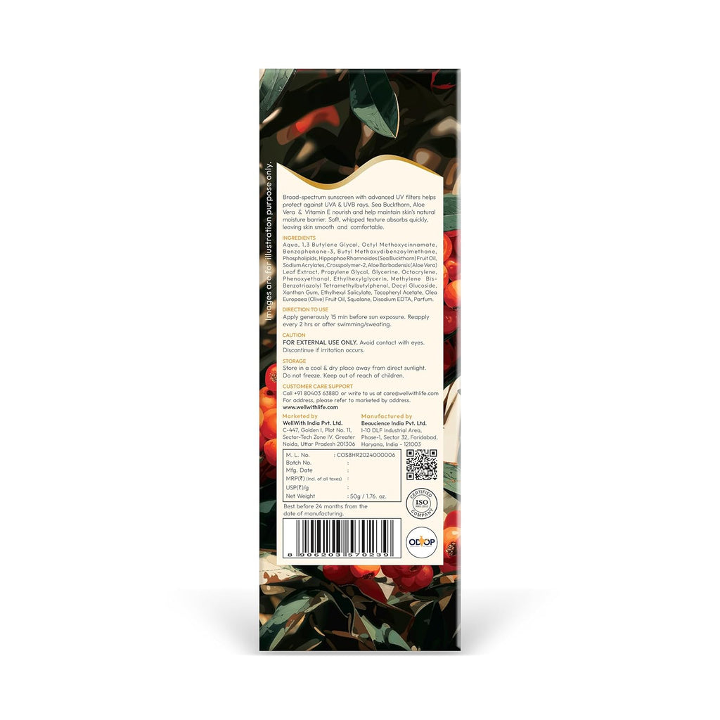 WellWith SPF 50 PA ++++ Whipped Sunscreen with Sea Buckthorn , Aloe Vera , Vitamin E | Broad Spectrum UVA & UVB Protection | Hyper Pigmentation , Lightweight, Hydrating , Non-Greasy | Daily Sunscreen for All Skin Types | 50gm