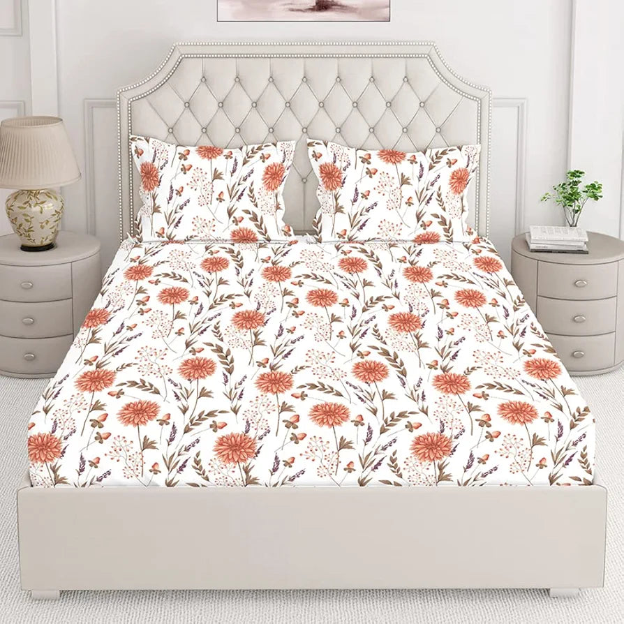 Layers Marigold Cotton Bedsheet Set for All Seasons Lightweight Moisture Absorbent 144 TC King Size White/Persian Red