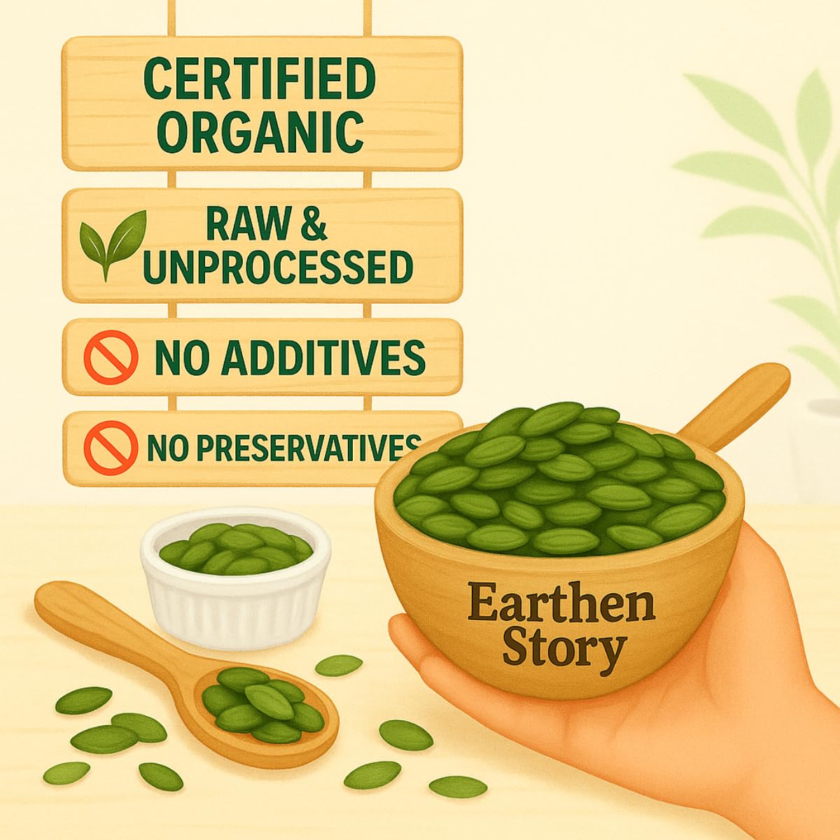 Earthen Story Certified Organic Pumpkin Seeds 500 g | Lab Tested for 250+ Pesticides | NPOP Approved & Traceable with Transaction Certificate | Rich in Protein, Fibre & Essential Nutrients