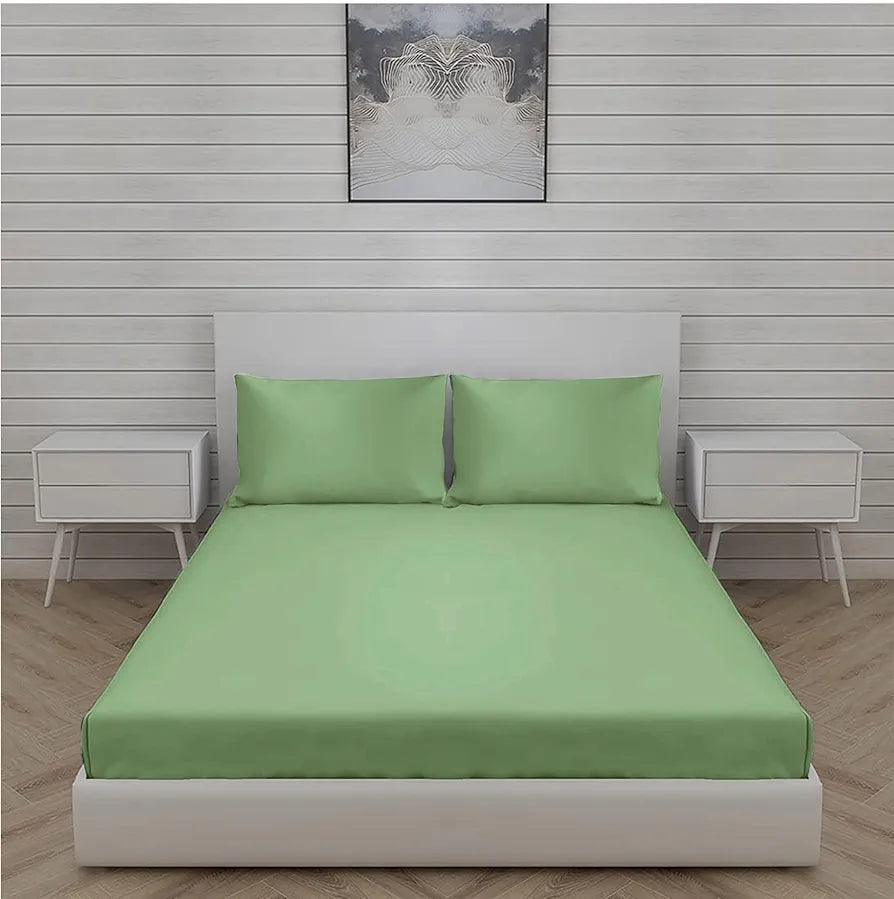 Trance Home Linen Premium 300 TC Pure 100% Cotton Queen Fitted Bedsheet with 2 Pillow Printed Covers Colour Moss Green
