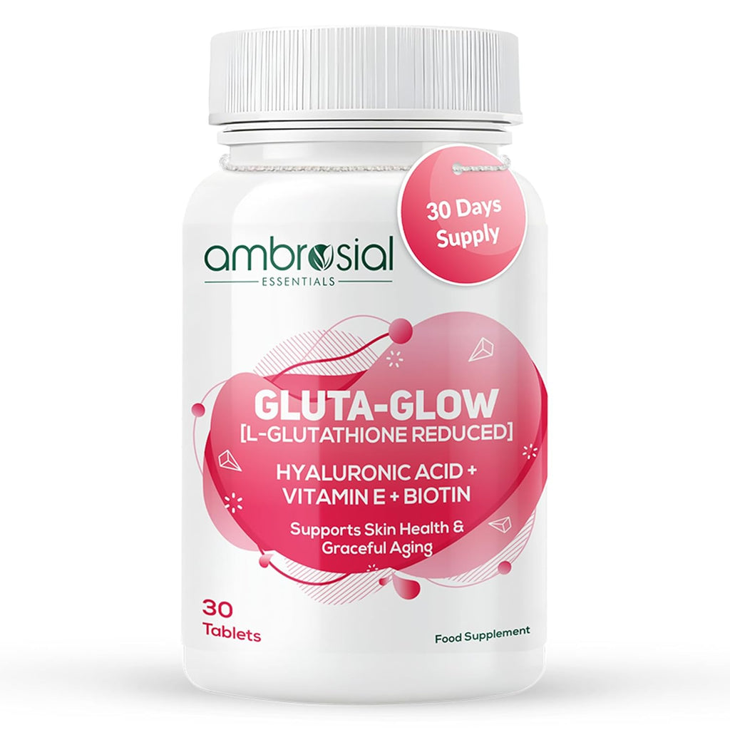 Ambrosial Gluta-Glow L-Glutathione 500mg Tablets with Vitamin C, Vitamin E, Hyaluronic Acid, Lycopene & Biotin â€“ Japanese L Glutathione Supplement â€“ 30 Vegan Tablets