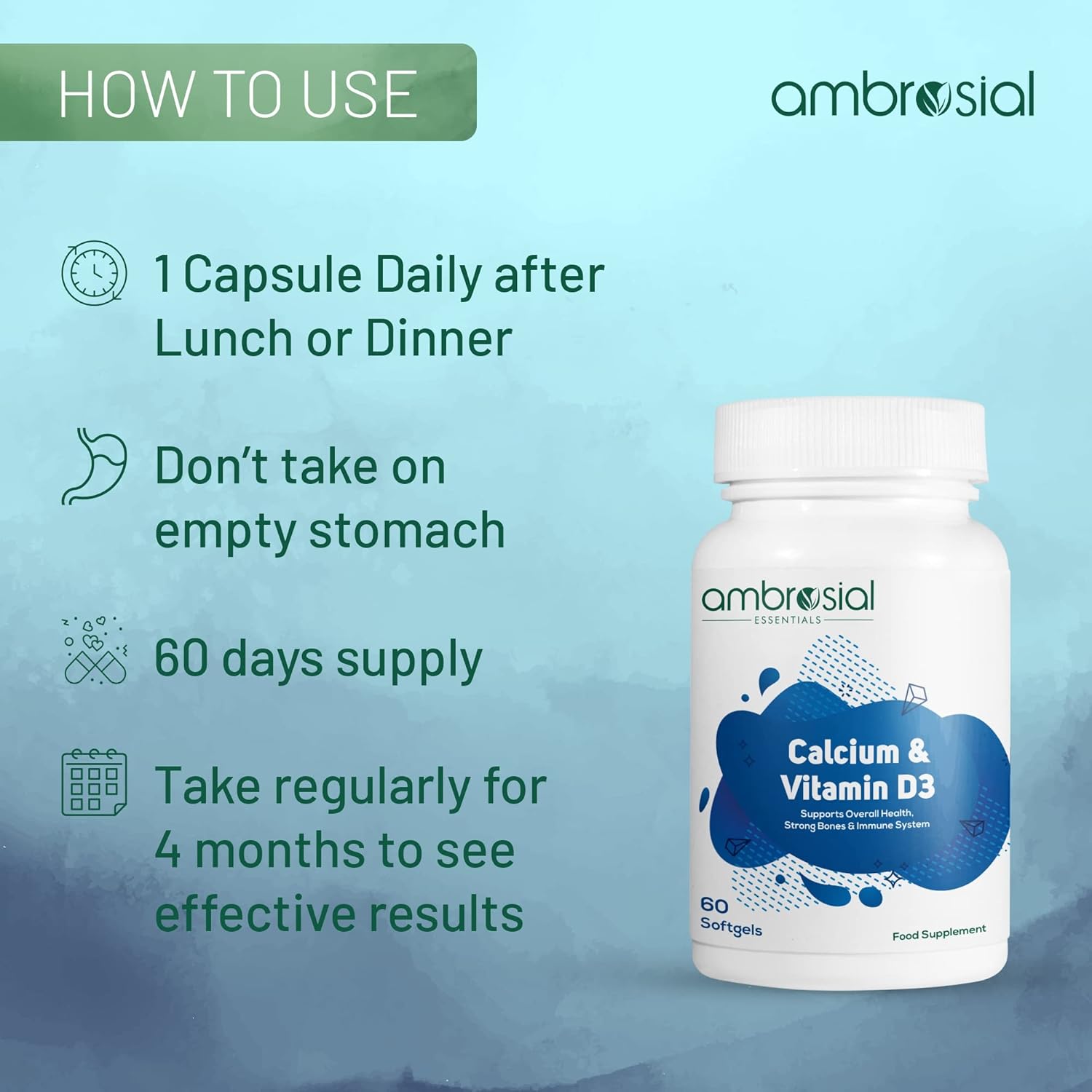 Ambrosial Calcium & Vitamin D3 tablets | High Potency Tablets for Women & Men | Calcium Supplements to Support Healthy Bones, Muscles & Teeths (Pack of 1-60 Softgels)