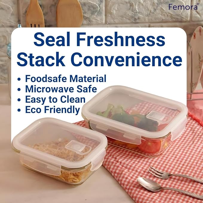 Femora Borosilicate Rectangular Glass Food Storage Container With Air Vent Lid | 620 Ml | Blue
