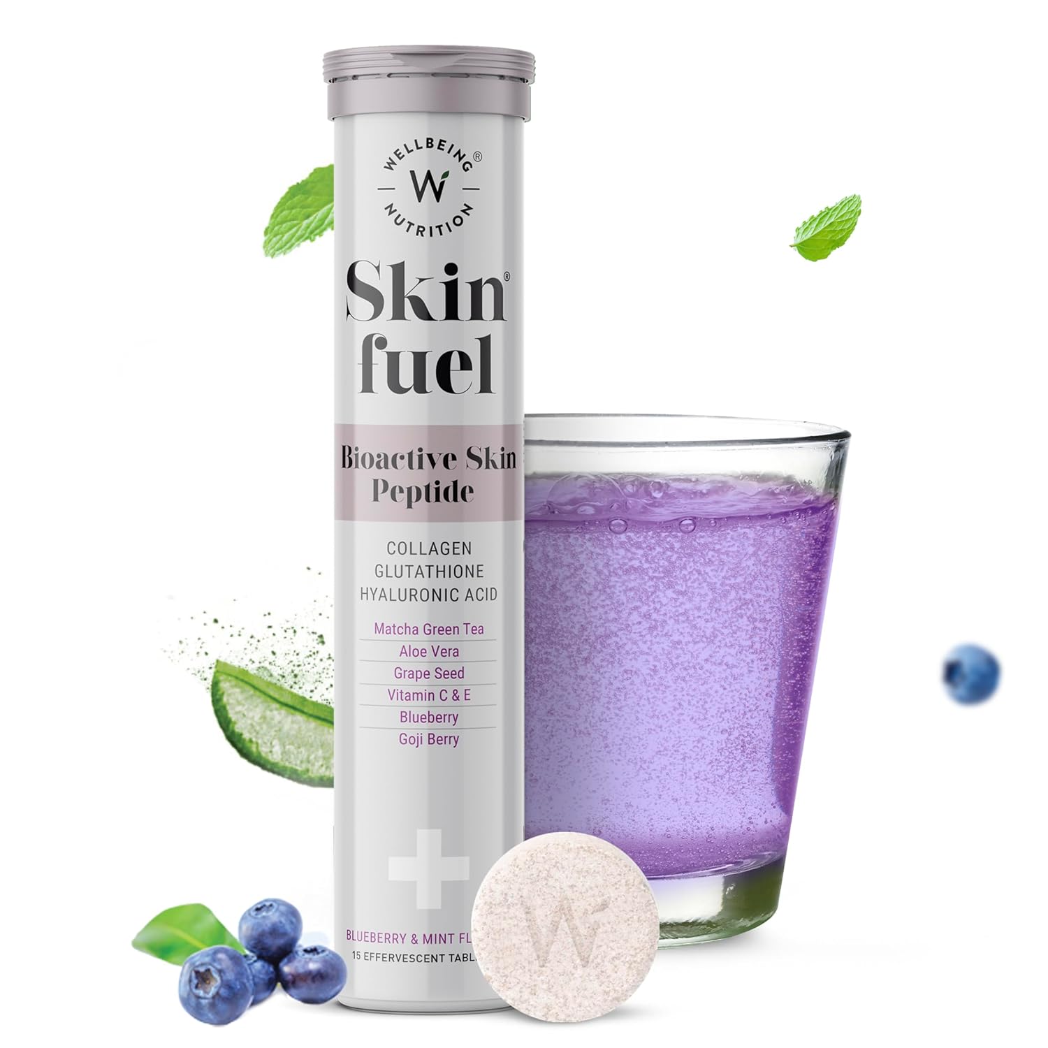 Wellbeing Nutrition Skin Fuel | Glutathione & Collagen Tablets | Skin Glow and Radiance for Men & Women | Hyaluronic Acid, Grape Seed, Vitamin E (15 Effervescent Tablets)