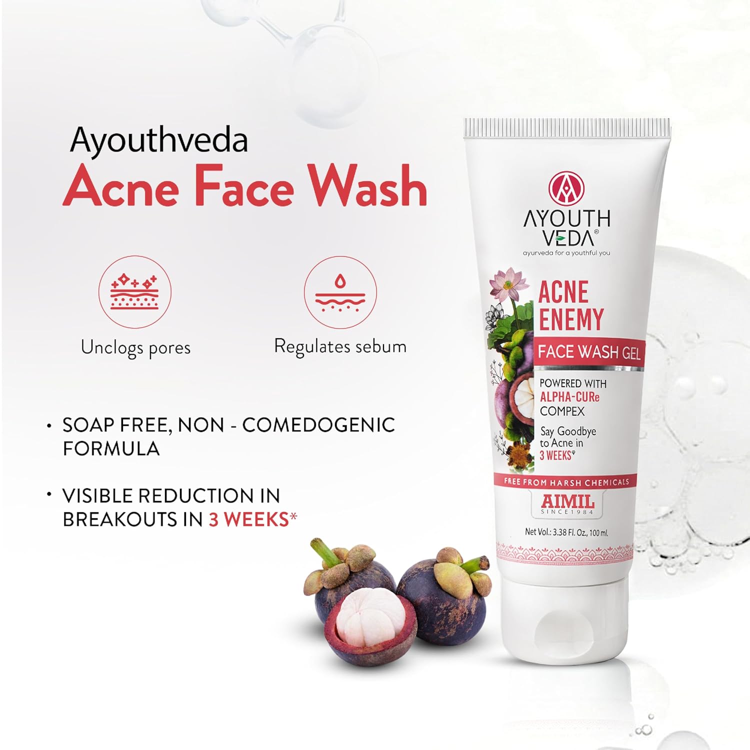 Ayouthveda Acne Enemy Face Wash Gel for Oily Skin | Acne & Pimple Control | Deep-Cleansing, Oil-Balancing & Pore-Purifying | Sulphate-Free Formula with Alpha-CURe Complex (α-Mangostin) & Garcinia | 100ml (Pack of 1)