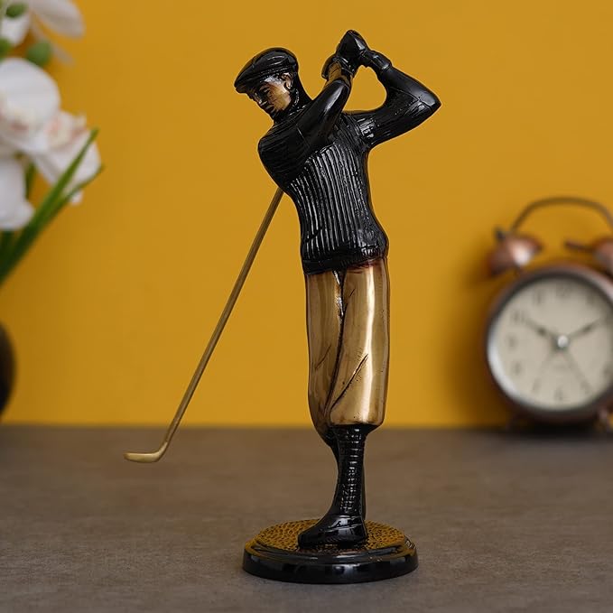 Ecraftindia Brown & Golden Man Playing Golf Antique Finish Handcrafted Decorative Brass Showpiece