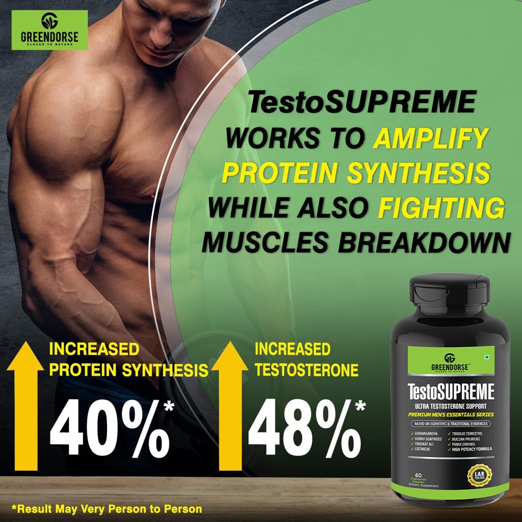 GREENDORSE TestoSUPREME Testosterone Supplement with Tongkat Ali, Ashwagandha, Cistanche, Horny Goatweed, Tribulus, Mucuna pruriens & Ginseng| Lab Tested Powerful Supplement for Men to Improve Performance, Muscle Strength, Stamina - 60 Veg Capsules
