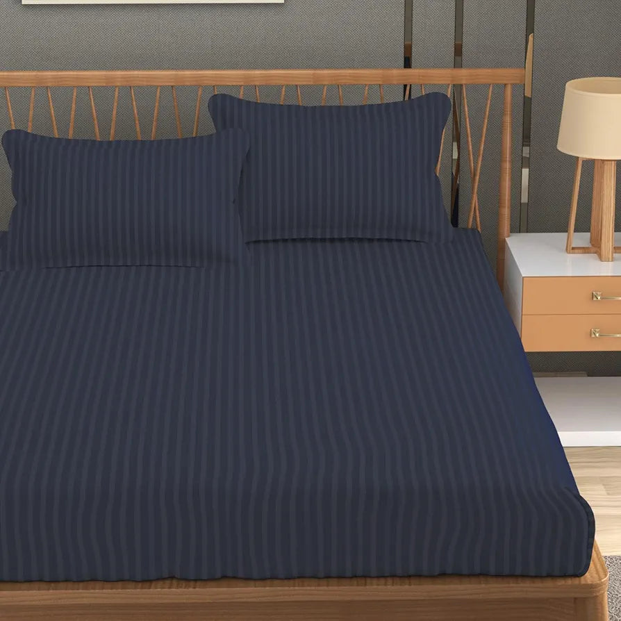 Homefab India 160 TC Stripe Glace Cotton Double BedSheet with 2 Pillow Covers Grey