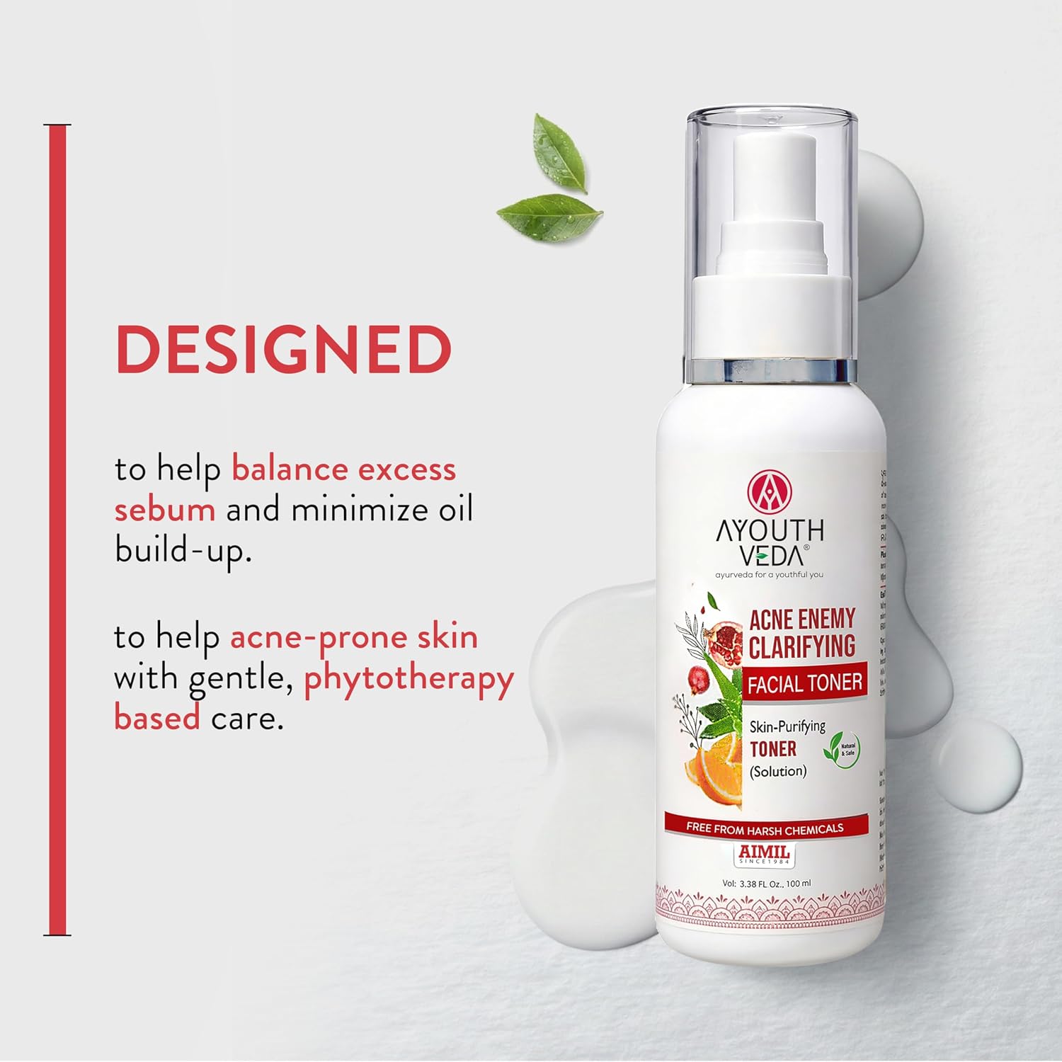 Ayouthveda Acne Enemy Clarifying Facial Toner | Pomegranate, Amla, Aloe Vera & Rose Distillate | Acne & Oil Control | Pore Refining, Antibacterial & Hydrating | Dermatologically Tested | Oily & Acne-Prone Skin | 100ml (Pack of 1)