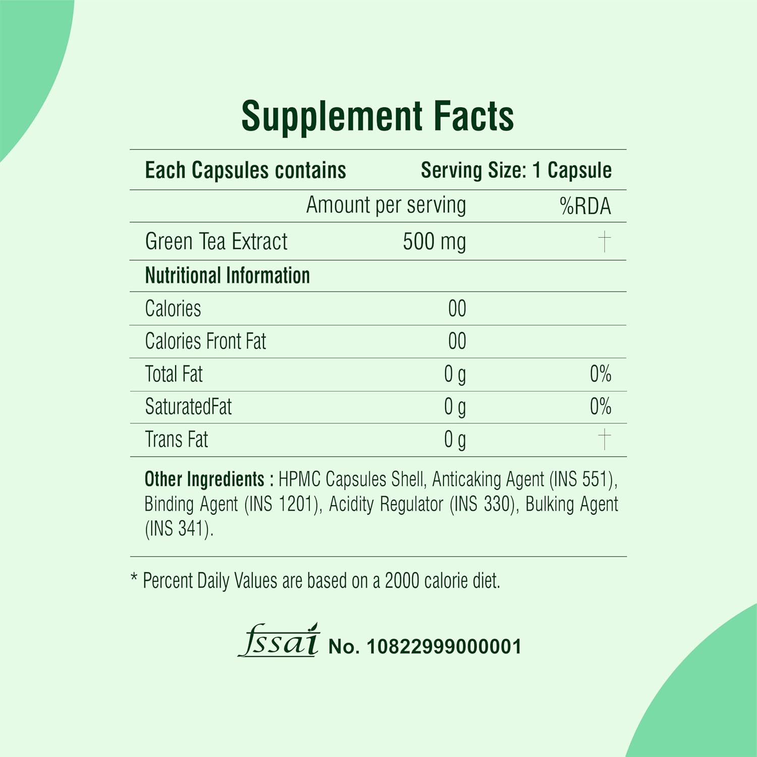 Green Tea 500 mg Leaf Extract 60 Veg Capsules, Boosts Metabolism, Helps in Fat Loss