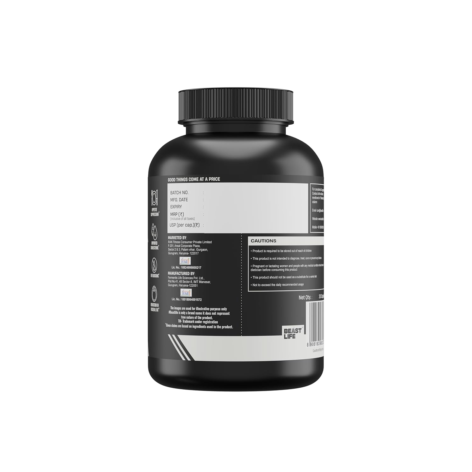 BeastLife GarciSlim Capsules | Garcinia Cambogia Fruit Extract | Support Healthy Weight Management | Helps Maintain Energy & Cholesterol Levels | 30 Capsules