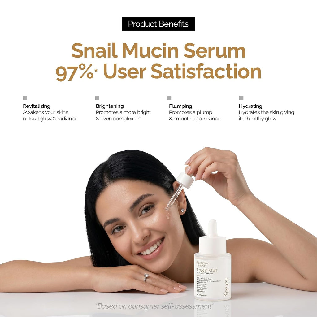 Personal Touch Mucin Moist Serum Cruelty Free - Worldâ€™s 1st Snail Mucin With 9 Types of Hyaluronic Acid, Ceramides, Niacinamide | Korean Skincare | Dryness, Fine Lines, Skin Barrier Repair | 30ml