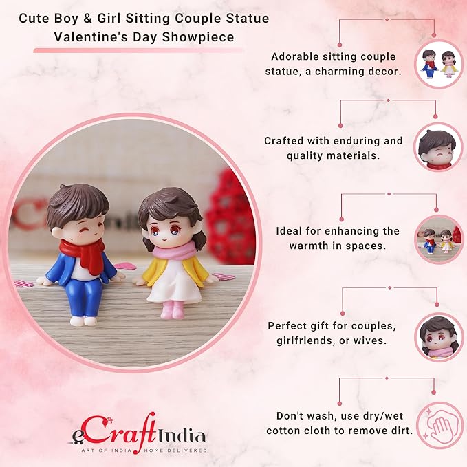 Ecraftindia Cute Boy and Girl Sitting Couple Statue Decorative Showpiece | Valentine Gift