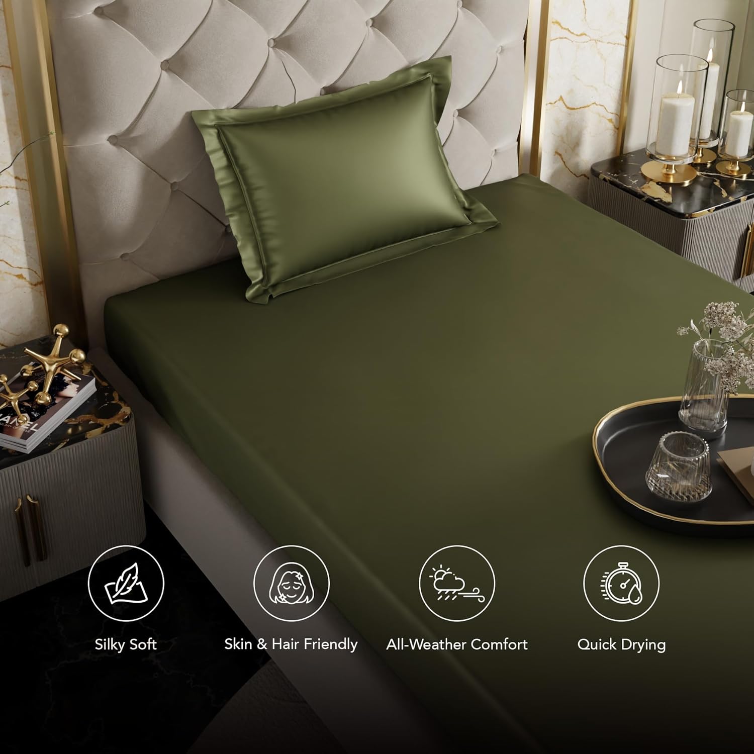 Stoa Paris Satin Elastic Fitted Bedsheets for Single Bed 300TC Premium 1 Pillow Cover Colour Olive Oasis