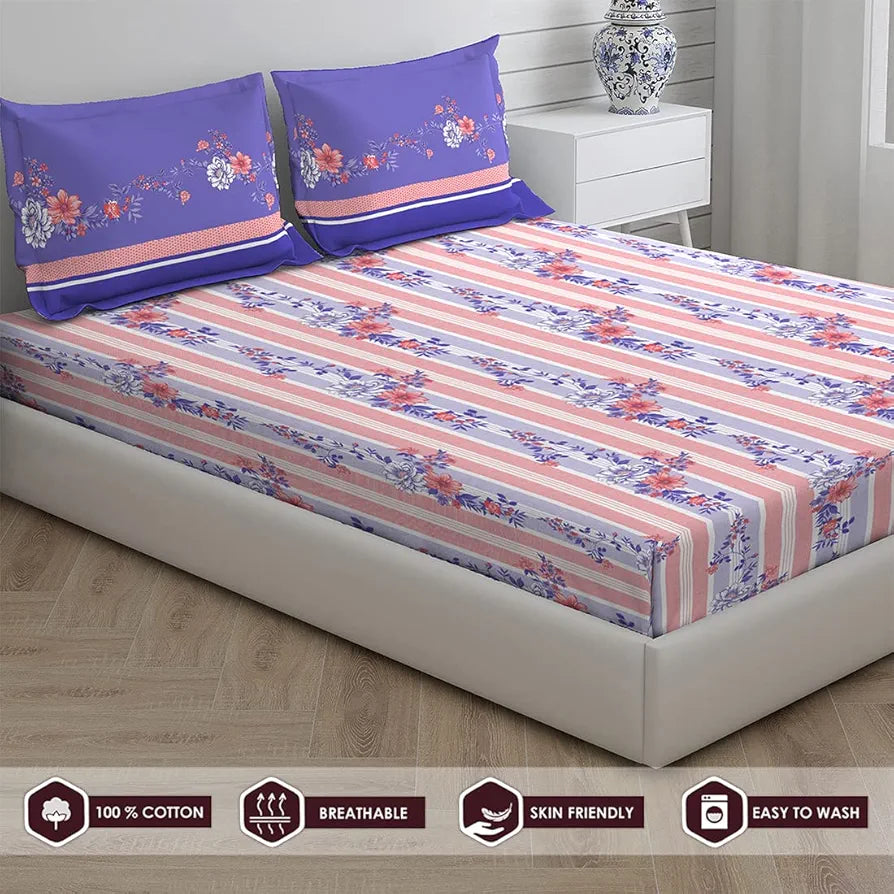 Layers Pavia Cotton Bedsheet Set for All Seasons Lightweight 104 TC Queen Size Peach Purple