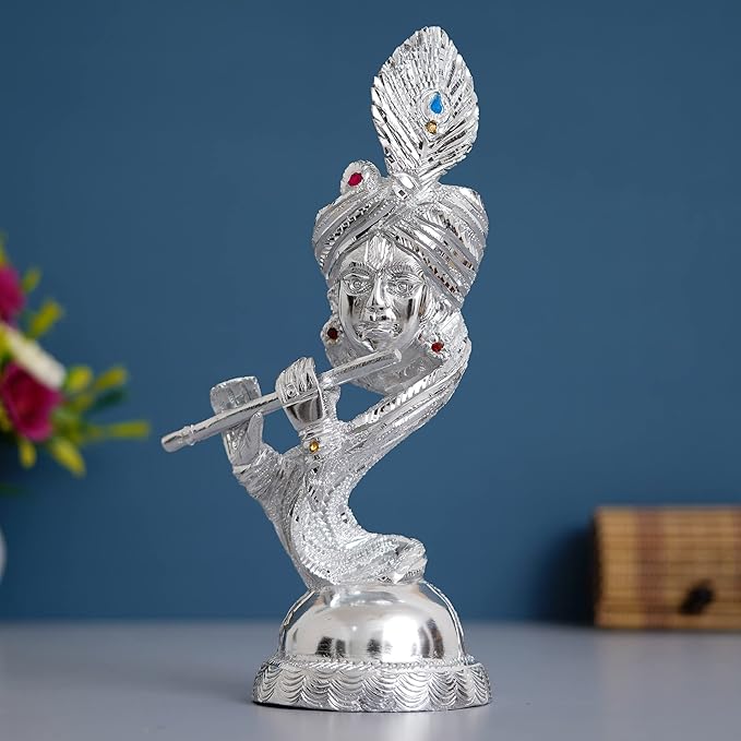 Ecraftindia Silver Metal Handcrafted Lord Krishna Playing Flute Statue | Decorative Showpiece