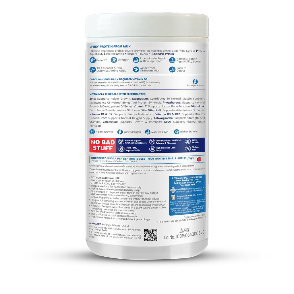Gritzo SuperMilk Height+ (2-6y), 7g Protein Powder (Double Chocolate, 400g) | Zero Refined Sugar, 21 Vitamins & Minerals