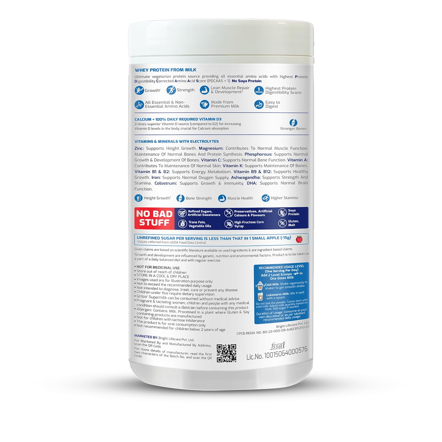 Gritzo SuperMilk Height+ (2-6y), 7g Protein Powder (Double Chocolate, 400g) | Zero Refined Sugar, 21 Vitamins & Minerals