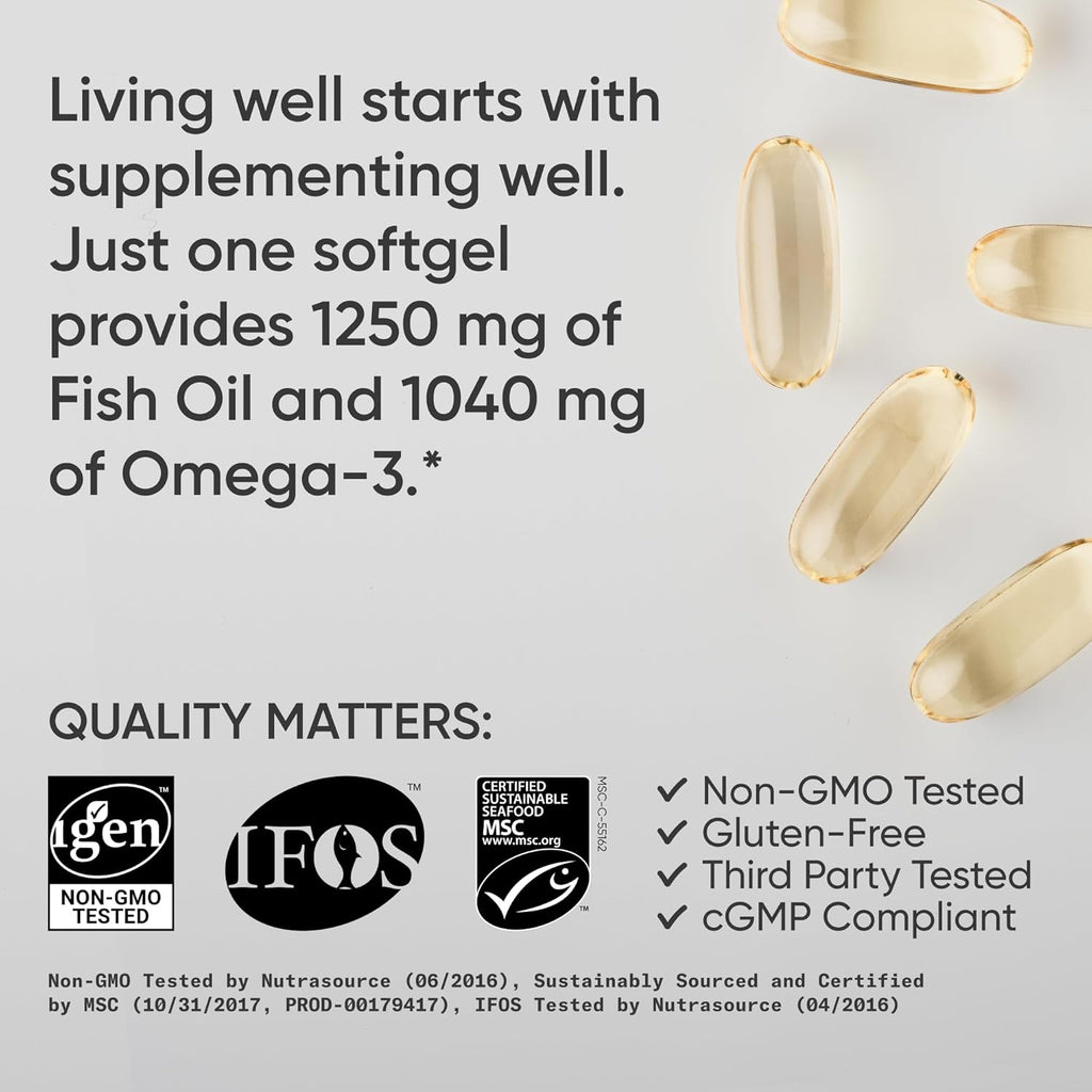 Sports ResearchÂ® Omega-3 Fish Oil 1250 - Triple Strength Fish Oil Supplement from Wild Alaska Pollock - MSC Certified Sustainable Â· Non-GMO Â· Soy Free - 90 Softgel Capsules