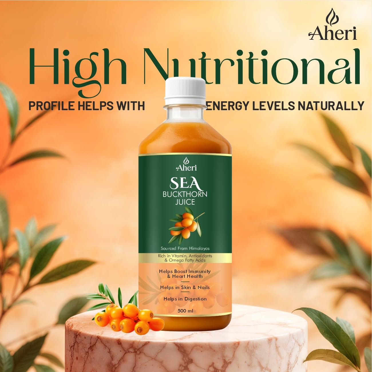 Himayya Sea Buckthorn Juice 500 ML | Herbal Buckthorn Berry Juice with Natural Vitamin C, Omega 3 6 7 9 Supplement & Antioxidants | Herbal Supports for Immunity, Skin Glow & Gut Health - (Pack of 1)