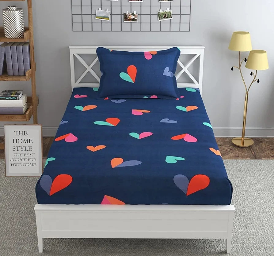 The Home Style Cotton Feel Glace Cotton Elastic Single Bed Bedsheet With 1 Pillow Cover,300 TC Blue Heart