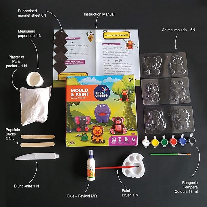 Fevicreate Diy Mould and Paint Jungle Animals Craft Kit Kids Diy Craft 5 Years Diy Craft and Paint Kit