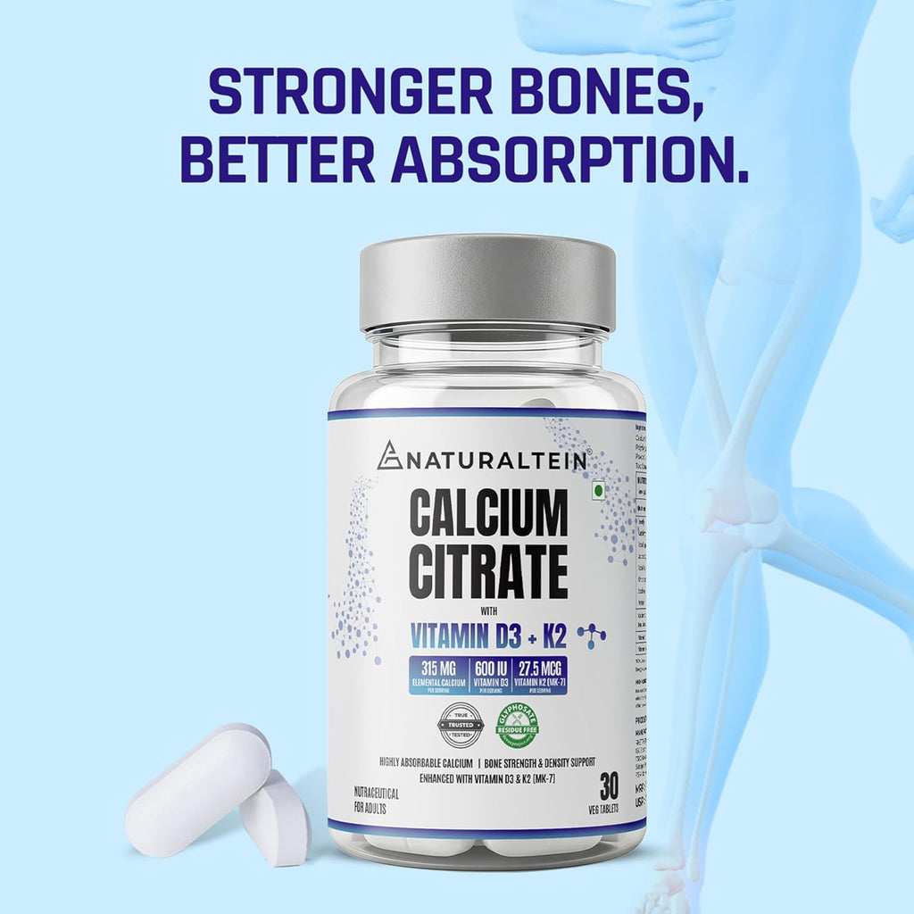 NATURALTEIN Calcium Citrate with Vitamin D3 & K2 MK-7 | High Absorption Bone & Joint Support | Helps Calcium Utilization, Muscle Strength & Immunity | Vegan, Non-GMO | 30 Tablets
