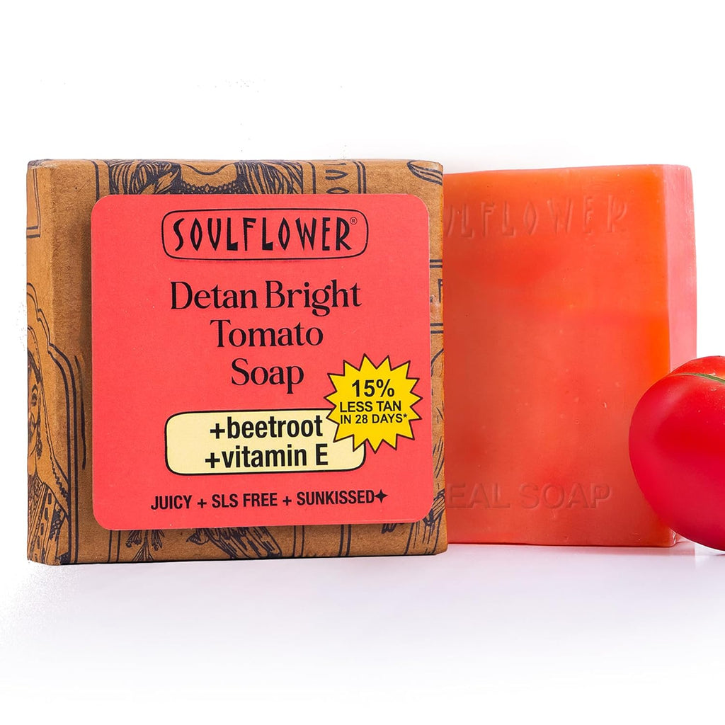 Soulflower Tomato Soap, Tan Removal from Every Ghar, Cleansing, Moisturizer, Magic Wash for Face, Body with Watermelon, Beetroot, Vitamin E | 100% Natural, Handmade for All Skin Types, 100g