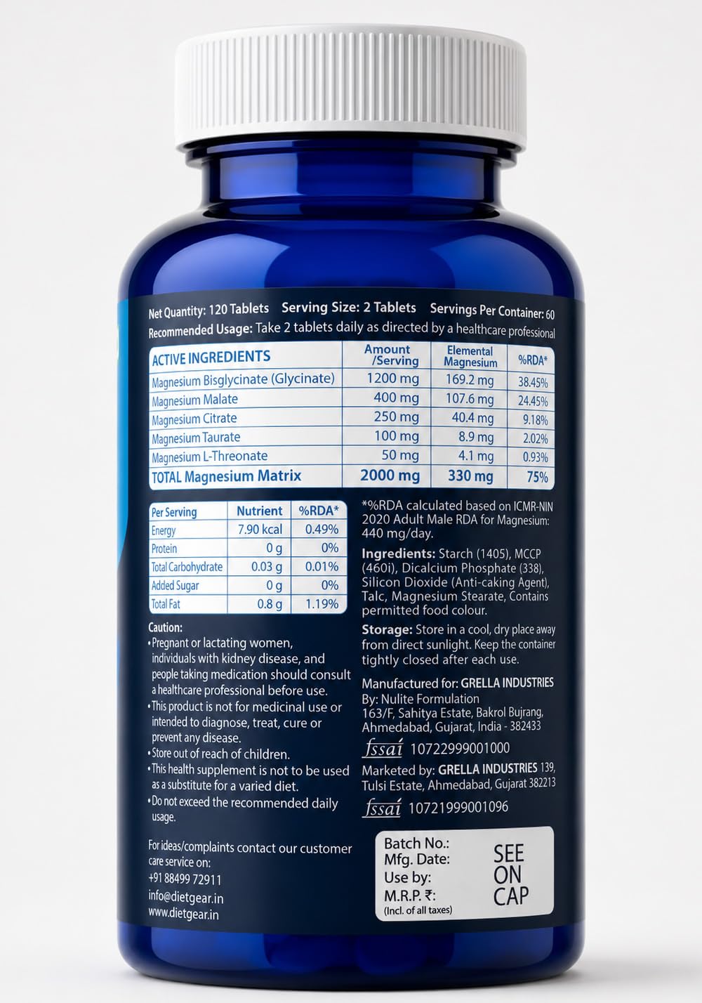 DIET GEAR 2000mg Magnesium Glycinate Complex 5 in 1, 330mg Elemental, 120 Tablets | Bisglycinate, Citrate, Malate, Taurate, L-Threonate, NO OXIDE, NO CARBONATE | Sleep, Muscle & Stress Magnesium Supplement