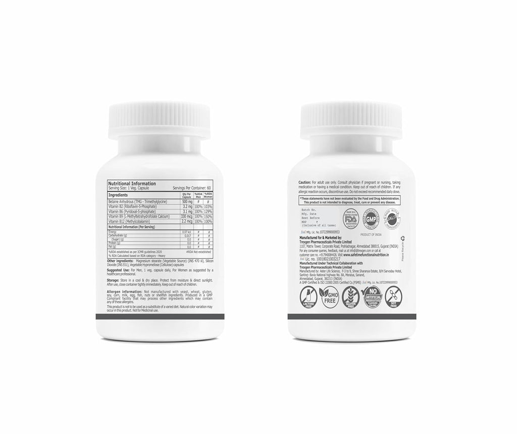 HOMOCYSTEINE BALANCE Betaine (TMG - Trimethylglycine), Bioactive Methylated B-Vitamins B6, B9, B12 with B2 (60 Veg. Capsules) (Pack of 1)
