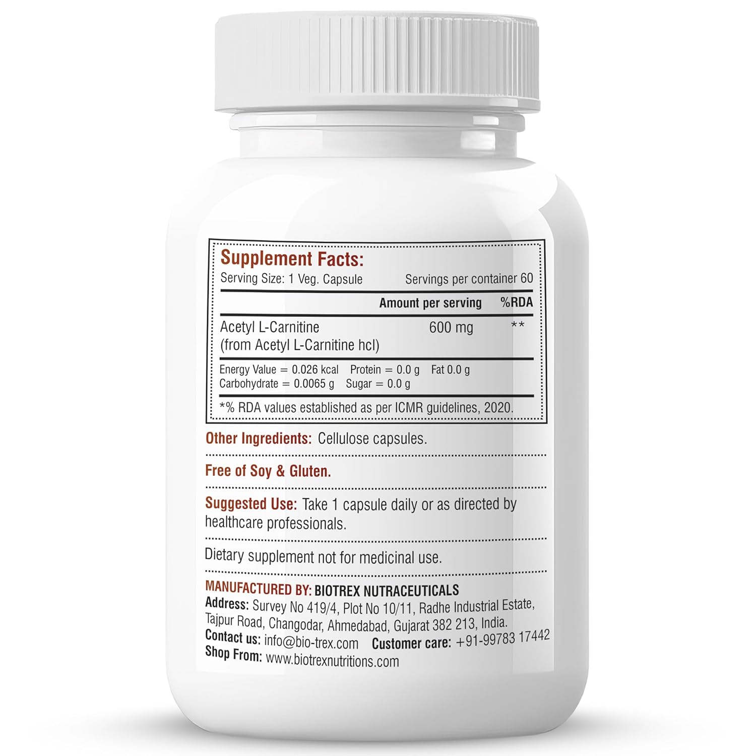 Biotrex Nutraceuticals Acetyl L-Carnitine (ALCAR) 600mg | Nervous System, Cognitive Function & Mitochondrial Metabolism | Energy Production - 60 Veg Capsules