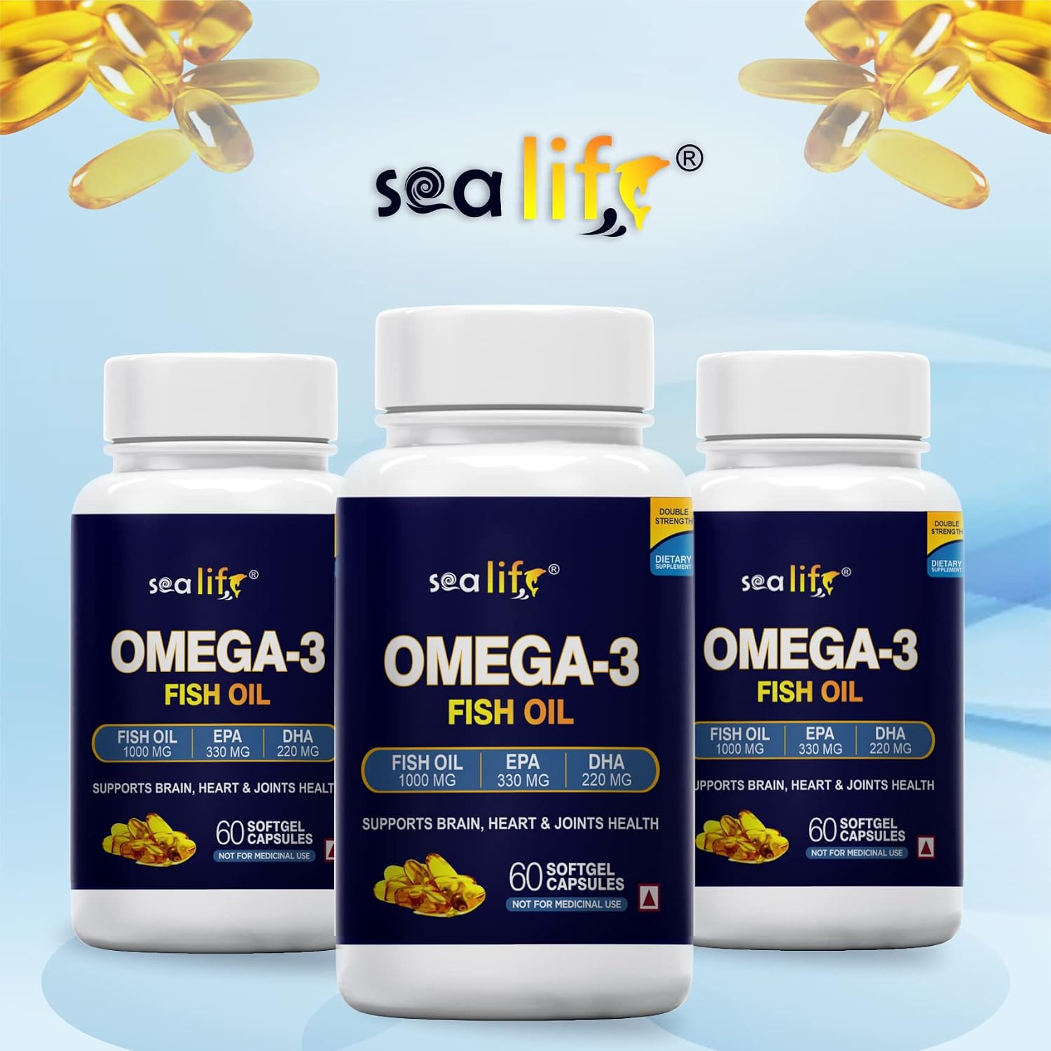 Sea Life Omega 3 Fish Oil 1000 Mg Fatty Acid Capsules | 180 Mg EPA & 120 Mg DHA | Pack of 1 (60 Softgels Capsules)| Supports Healthy Heart, Joints, Skin, Brain & Eyes | For Men & Women