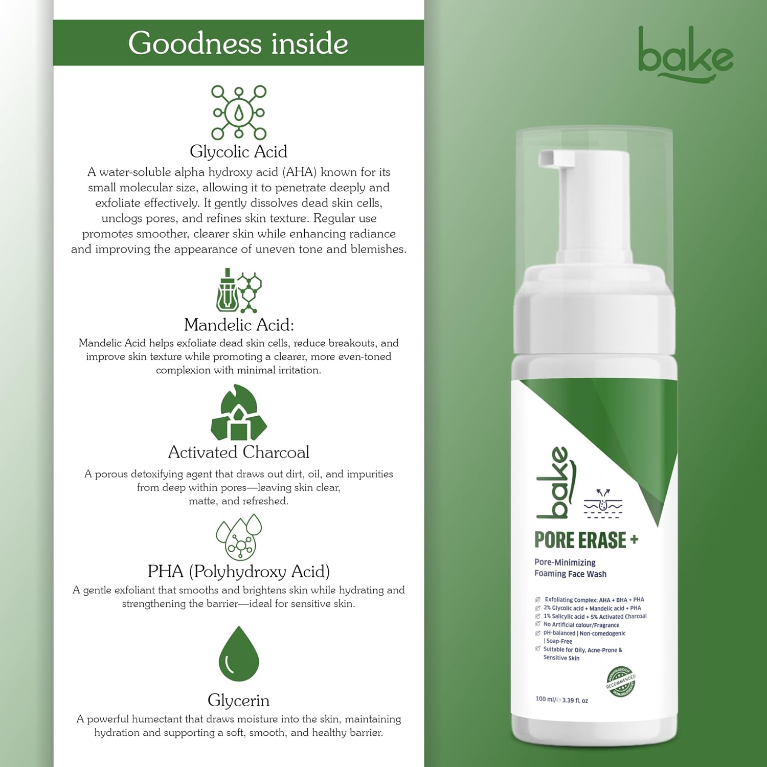 BAKE Pore Erase Foaming Face Wash with 2% Glycolic Acid, 1% Salicylic Acid & Mandelic Acid | Unclogs Pores, Reduces Blackheads & Whiteheads, Controls Sebum | For Oily, Acne Prone & Combination Skin â€“ 100ml