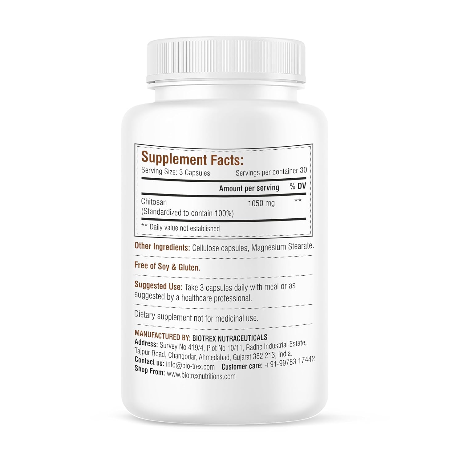 Biotrex Nutraceuticals Chitosan 1050mg, Healthy Weight Management, A Natural Source of Marine Fiber - 90 Capsules